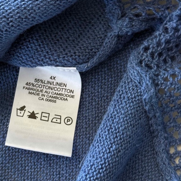 CARDIGAN, OPEN FRONT, LINEN BLEND, DUTCH BLUE, SZ 4X, OPEN LATTICE ACCENTS - Picture 2 of 9